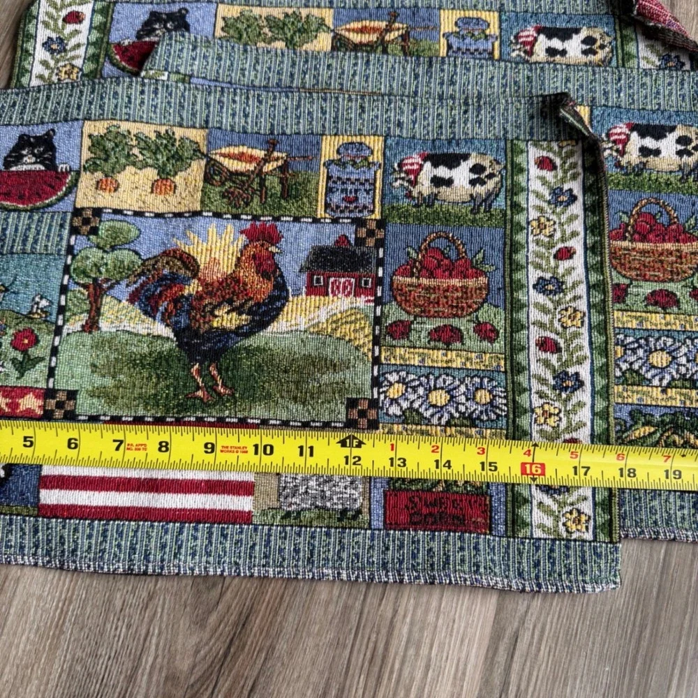 Vintage Farmhouse Woven Tapestry Placemats Set of 3 Rooster Cow Country Decor
